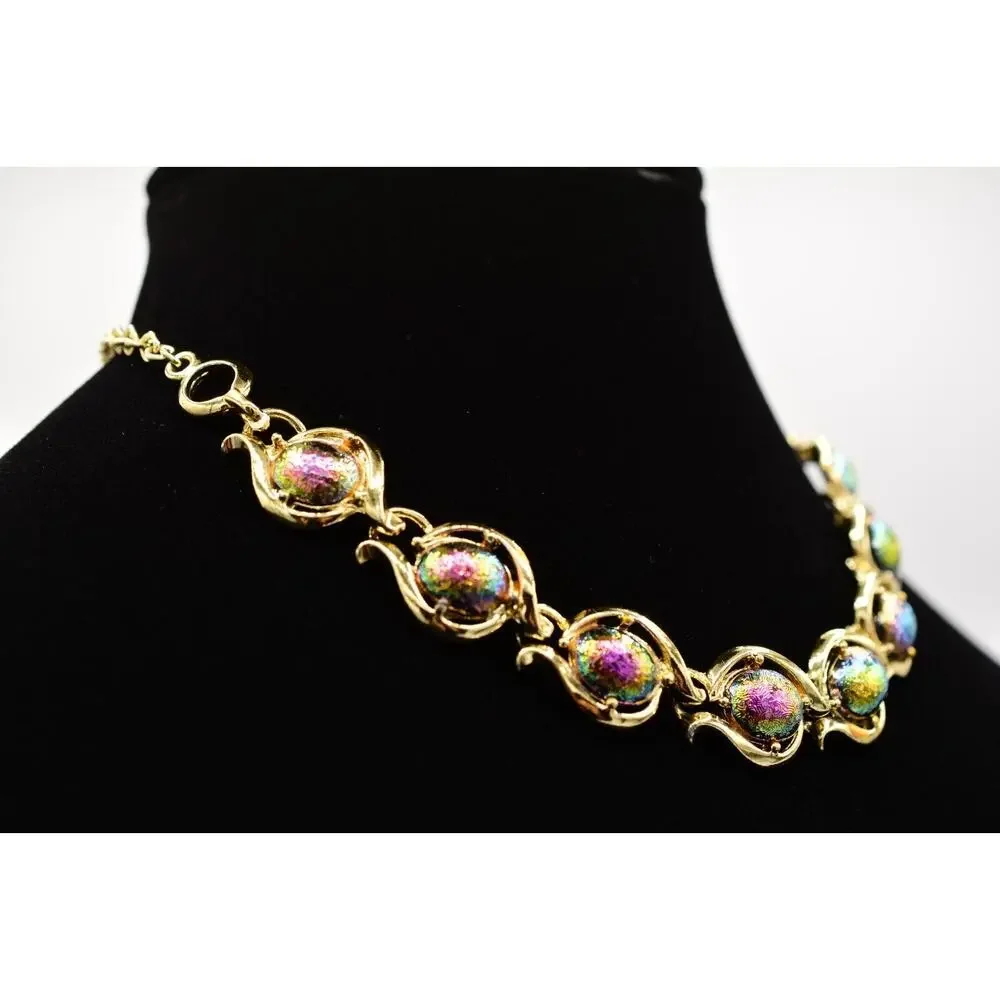 Vintage Collar Choker Necklace Lucite Watermelon Chrome Gold Linked 1970s BinA